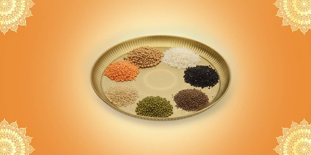 Offer Navdhanya (Wheat, Rice, Red Lentils, Green Gram, Chickpeas, Black Gram, Black Sesame Seeds, Black Lentils, Horse Gram)